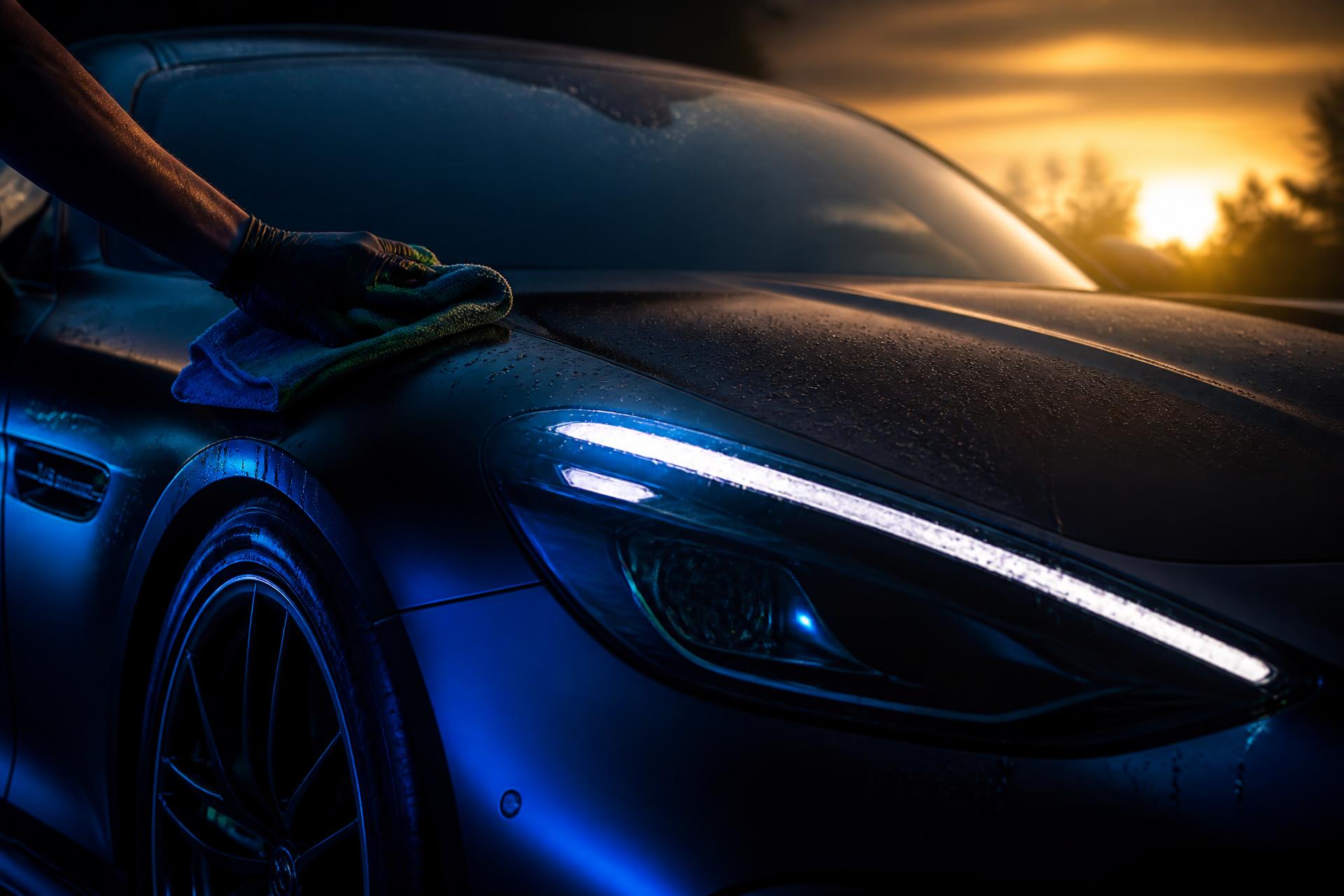 Luxury black car being professionally detailed at sunset